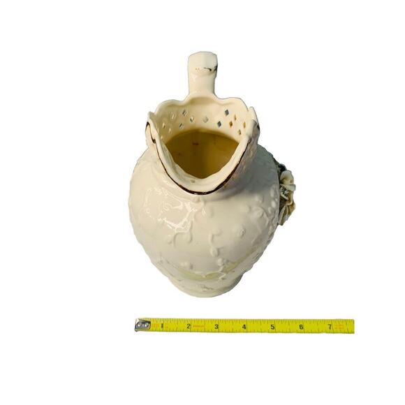 Vintage Porcelain Pitcher 3D Roses Lattice Neck 7.5" Cream Home Decor Rose Vase - Picture 11 of 12